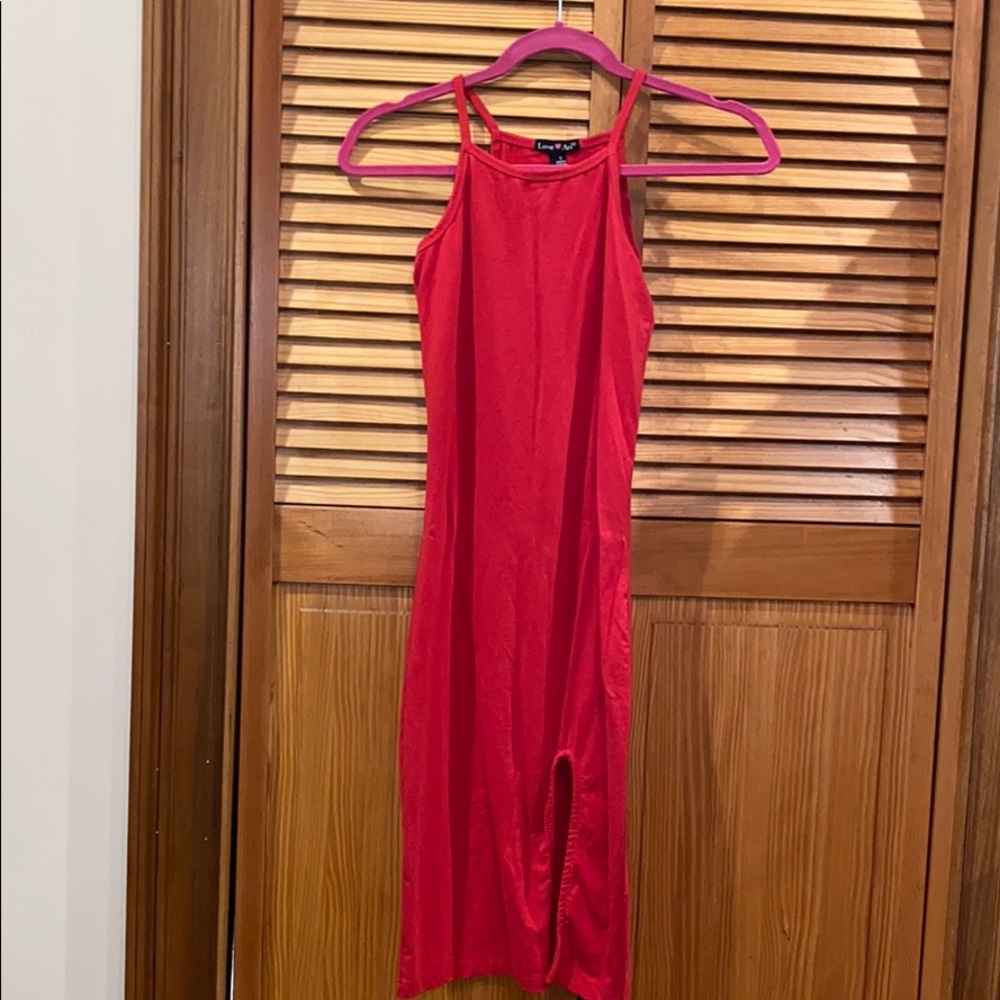 red halter dress with slit on the left side